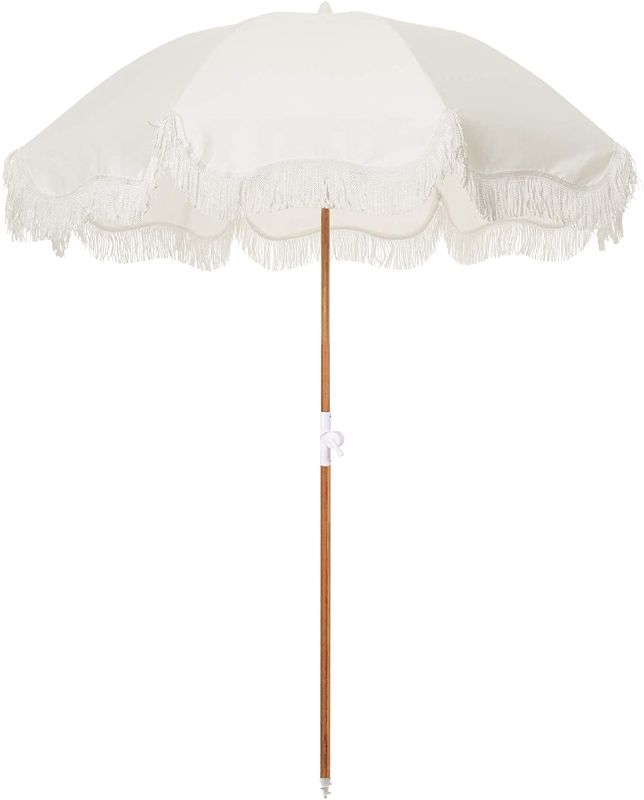 Photo 1 of  Umbrella - White Boho Beach Umbrella with Fringe - UPF 50+ Blocks 98% UV
