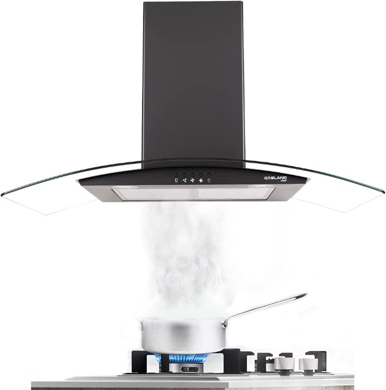 Photo 1 of 36" Range Hood, GASLAND Chef GR36BP Curved Glass Wall Mount Range Hood Black, 3 Speed 450 CFM Ducted Kitchen Hood with LED Lights, Push Button Control, Convertible Chimney, Aluminum Filter
