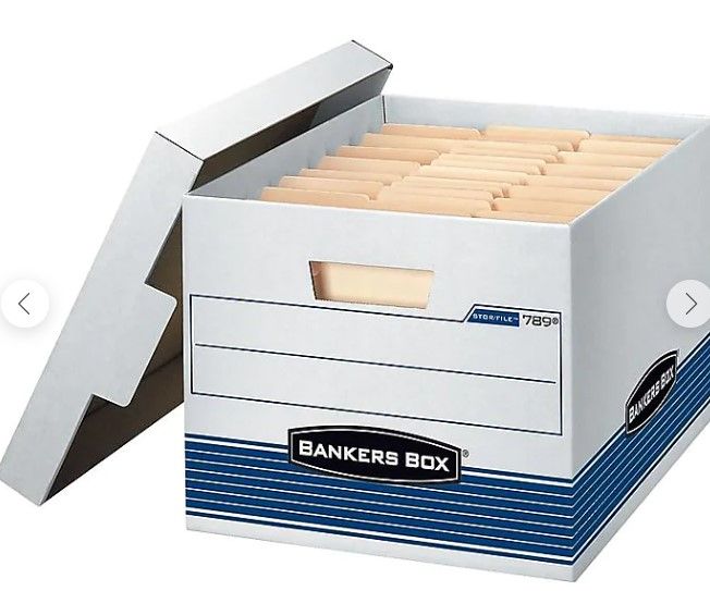 Photo 1 of Bankers Box Stor/File™ Medium-Duty FastFold File Storage Boxes, Lift-Off Lid, Letter/Legal Size, White/Blue 30 pack