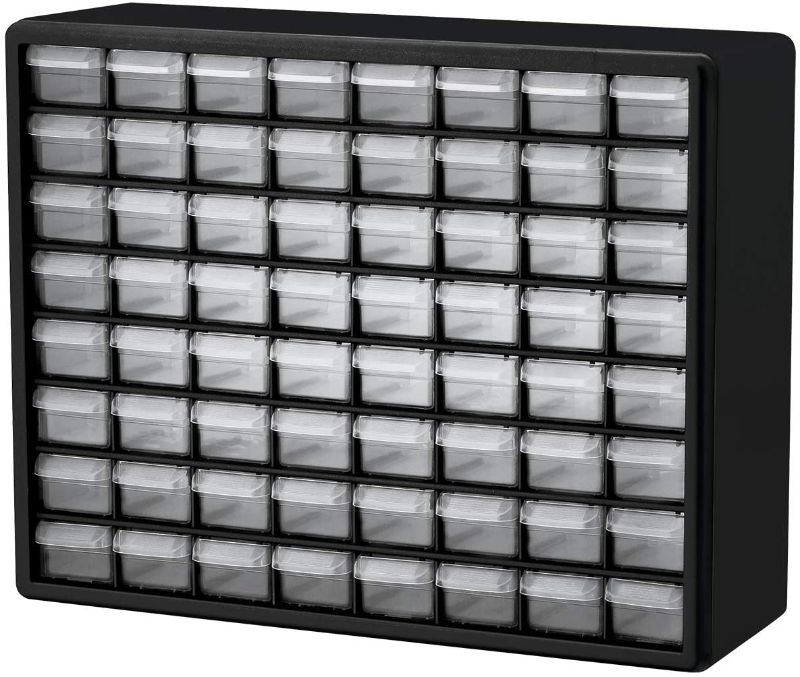 Photo 1 of Akro-Mils 10164, 64 Drawer Plastic Parts Storage Hardware and Craft Cabinet, 20-Inch W x 6-Inch D x 16-Inch H, Black
