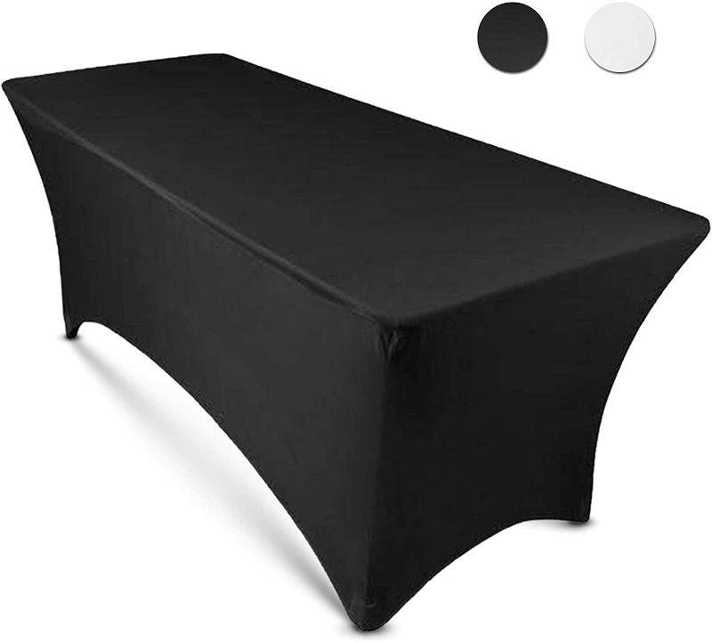 Photo 1 of 8ft Tablecloth Rectangular Spandex Linen - Black Table Cloth Fitted Cover for 8 Foot Folding Table, Wedding Linens Banquet Cloths Rectangle Covers
