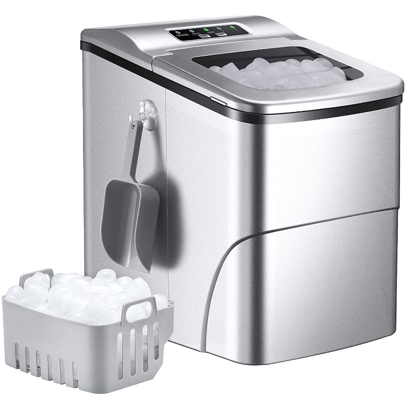 Photo 1 of  Portable Ice Maker, Compact Ice Maker Countertop Machine, Self-Cleaning, 9 Ice Cubes Ready in 6 Mins, 26lbs Per Day, 2 Sizes of Bullet Ice, 2L Electric Ice Maker, for Party Home Camping, Silver
