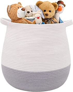 Photo 1 of childishness ndup Large Cotton Rope Basket, Woven Storage Basket for Toy, Laundry and Blanket Organizer Basket, Round Hamper Basket with Handles for Kid's Room 17.7"x16.9" (Grey)
