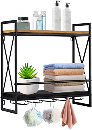 Photo 1 of 2 in 1 Wall Mounted Wine Rack, 2-Tier Industrial Bathroom Shelves, Wine Glass Rack with 5 Stemware Glass Holder, Wine Rack Wall Mounted for Wine Glasses, Towel, Kitchen, Bathroom Decor
