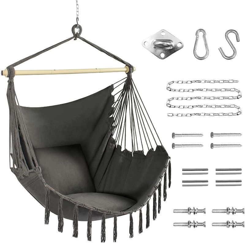 Photo 1 of Y-STOP Oversized Hammock Chair with Hanging Hardware Kit, Swing Chair for Indoor & Outdoor, Max 330 Lbs, Include Carry Bag & Two Soft Seat Cushions (Grey)
