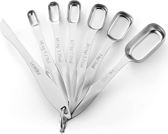 Photo 1 of Spring Chef Heavy Duty Stainless Steel Metal Measuring Spoons for Dry or Liquid, Fits in Spice Jar, Set of 6 with bonus Leveler
