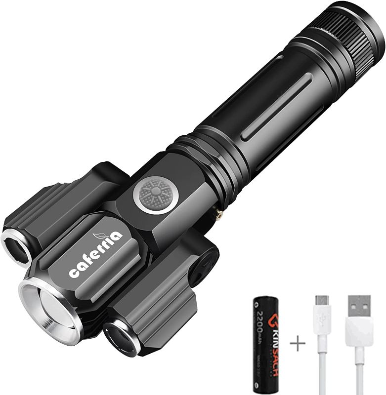 Photo 1 of Caferria LED Tactical Flashlight 1000 Lumens Electric Torch Ultra-Bright Handheld Travel Flashlight Rechargeable Waterproof Zoomable 4 Modes for Outdoor, Camping, Biking, Hiking, Emergency
