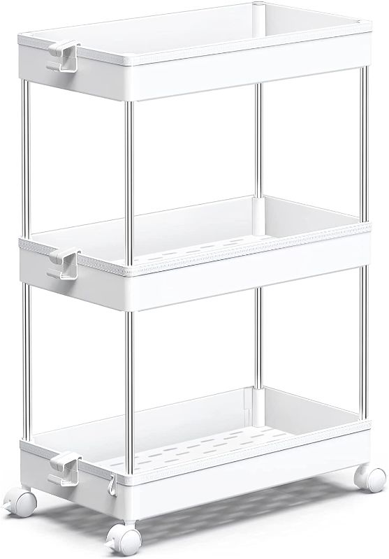 Photo 1 of SPACEKEEPER Slim Storage Cart, 3 Tier Bathroom Organizers Rolling Utility Cart Slide Out Storage Shelves Mobile Shelving Unit Organizer for Office, Kitchen, Bedroom, Bathroom, Laundry Room, White
