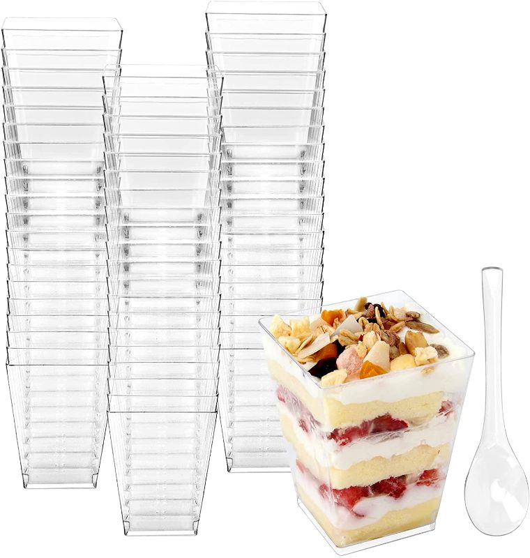 Photo 1 of Colovis Dessert Cups, 60 Count 5oz Clear Plastic Parfait Appetizer Cups with Spoons Square Dessert Serving Cups for Parties, Events, Catering (60)
