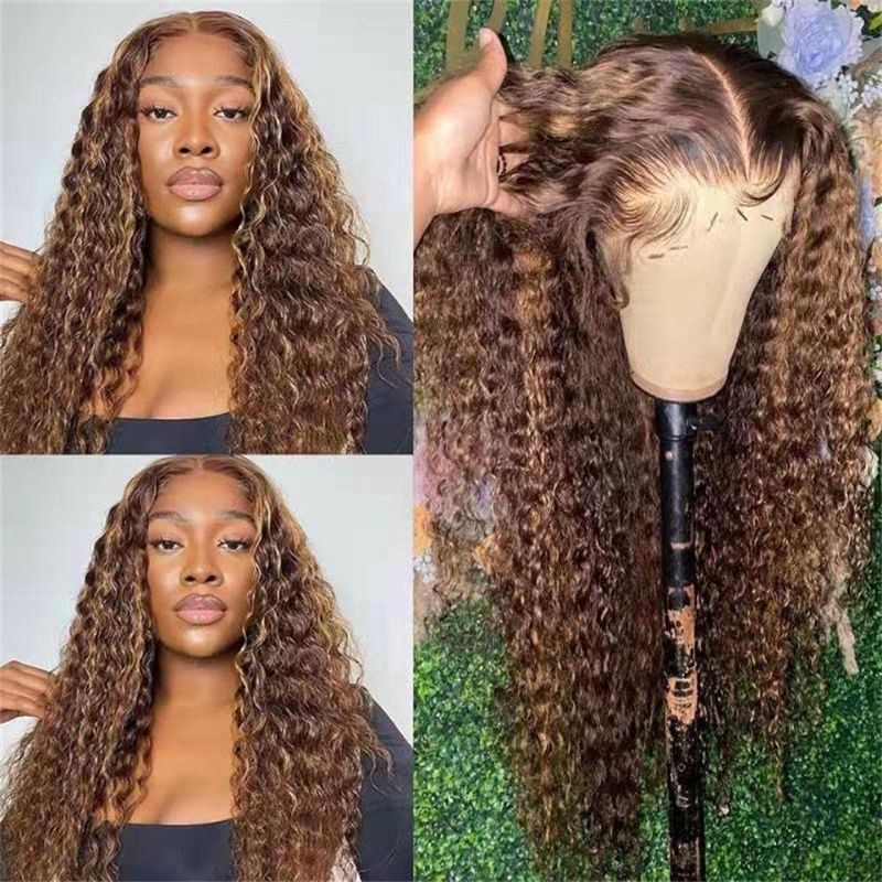 Photo 1 of 13X4 Highlight Lace Front Human Hair Wigs Curly Wave 4/27 Honey Blonde to Brown Colored Brazilian Virgin Human Hair Wig For Black Women Ombre Colored Glueless Wigs Pre Plucked 150% Density 18 Inch
