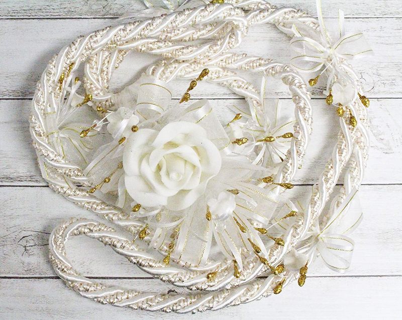 Photo 1 of Beautiful White Ivory Gold Intertwine Silver Embellishment Accent Rope Migajon Lazo Wedding Lasso Traditional Lazos De Boda Tradicional Bridal Gift Box
