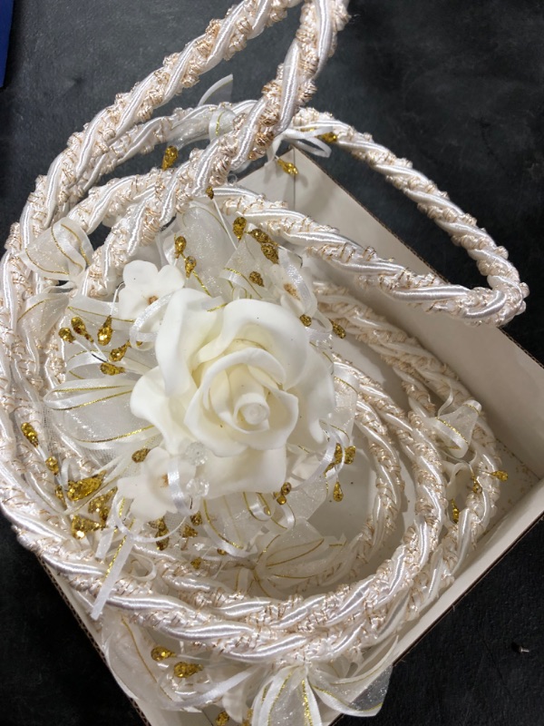 Photo 2 of Beautiful White Ivory Gold Intertwine Silver Embellishment Accent Rope Migajon Lazo Wedding Lasso Traditional Lazos De Boda Tradicional Bridal Gift Box
