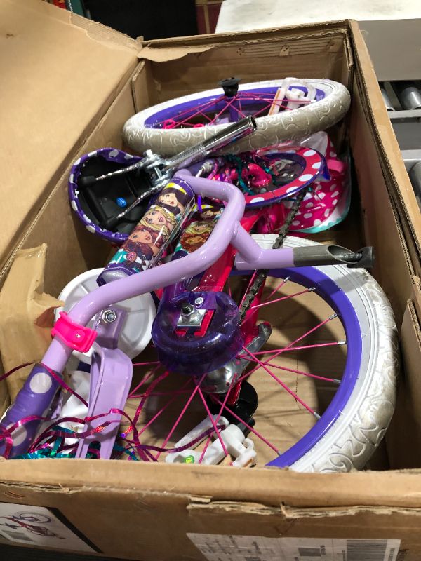 Photo 2 of Dynacraft Barbie Kids Bike Girls 16 Inch with Training Wheels, Hand Brake, Backpack, and Ride with Me Barbie Accessory in Pink/Purple