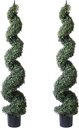 Photo 1 of 5' Artificial Cypress Spiral Boxwood Topiaries Tree in Plastic Pot Outdoor and Indoor Home Decor (2 Pack)