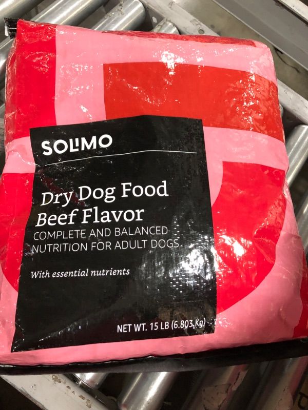 Photo 2 of Amazon Brand - Solimo Basic Dry Dog Food, Beef Flavor, 15 lb bag 
Expired 8/2021