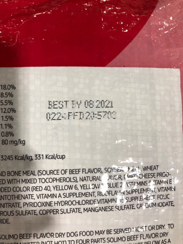 Photo 3 of Amazon Brand - Solimo Basic Dry Dog Food, Beef Flavor, 15 lb bag 
Expired 8/2021