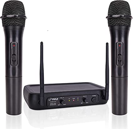 Photo 1 of Pyle Channel Microphone System-VHF Fixed Dual Frequency Wireless Set with 2 Handheld Dynamic Transmitter Mics, Receiver Base-for PA, Karaoke, Dj Party (PDWM2135) , Black