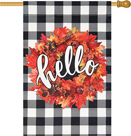 Photo 1 of Unves Thanksgiving Flag 28 x 40 Inches, Hello Large Buffalo Check Fall Flag with Maple Leaves, Autumn Garden Yard Flags for Thanksgiving Outdoor Porch Decor, 2 PACK!!