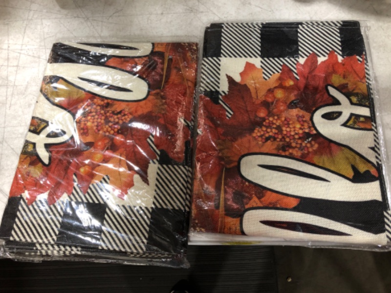 Photo 4 of Unves Thanksgiving Flag 28 x 40 Inches, Hello Large Buffalo Check Fall Flag with Maple Leaves, Autumn Garden Yard Flags for Thanksgiving Outdoor Porch Decor, 2 PACK!!