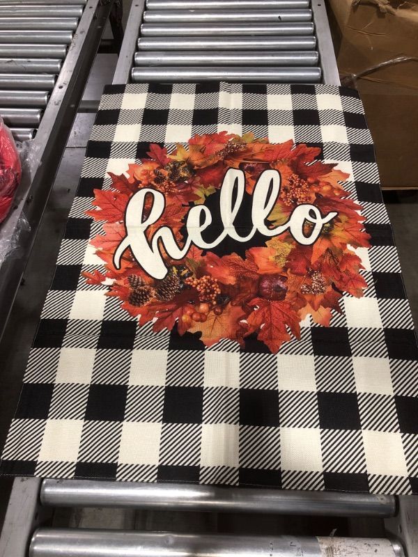 Photo 2 of Unves Thanksgiving Flag 28 x 40 Inches, Hello Large Buffalo Check Fall Flag with Maple Leaves, Autumn Garden Yard Flags for Thanksgiving Outdoor Porch Decor, 2 PACK!!