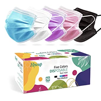 Photo 1 of 10 boxes!!HIWUP Colored Disposable Face Masks 50 Pack, PFE 99% Face Mask Suitable For Adults And Teens , Colors May Vary.