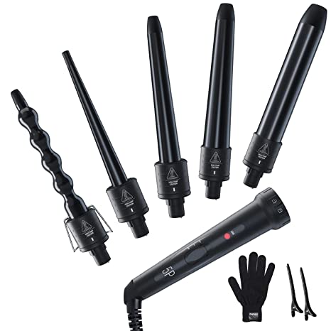 Photo 1 of 5 in 1 Curling Iron Wand Set, Ohuhu Upgrade Curling Wand 5Pcs 0.35 to 1.25 Inch Interchangeable Ceramic Barrel Heat Protective Glove, Dual Voltage Hair Curler, Black, Mother's Day Gift
