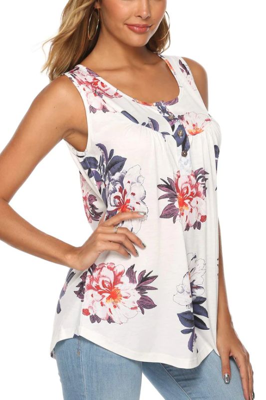 Photo 1 of Women's Sleeveless Floral Button Up Casual Loose Tank Tops Tunic Shirts Blouses, White, Large