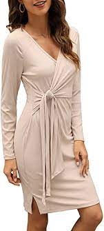 Photo 1 of Zattcas Women Long Sleeve V Neck Wrap Tie Waist Ribbed Knit Bodycon Dress, Large