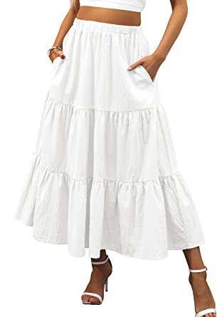 Photo 1 of ANRABESS Women’s Summer Boho Elastic Waist Pleated A-Line Flowy Swing Tiered Long Beach Skirt Dress with Pockets, Medium
