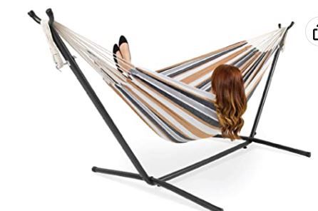 Photo 1 of 2-Person Double Hammock with Stand Set, Indoor Outdoor Brazilian-Style Cotton Bed for Backyard, Camping, Patio w/Carrying Bag, Steel Stand, 450lb Weight Capacity - Desert Stripes