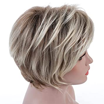 Photo 1 of Rosa Star Short Wig Ombre Brown Mixed Blonde Hair Wigs Natural Curly with Bangs Synthetic Hair Fibers Heat Resistant Full Wig for Women
