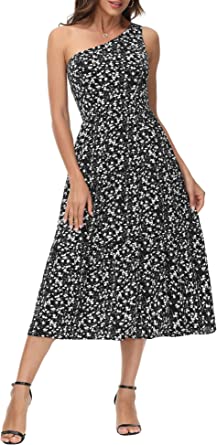 Photo 1 of GRACE KARIN Women's Summer One Shoulder Floral Dress Sleeveless Ruffled Hem Flowy Smocked Back Midi Dresses, Large