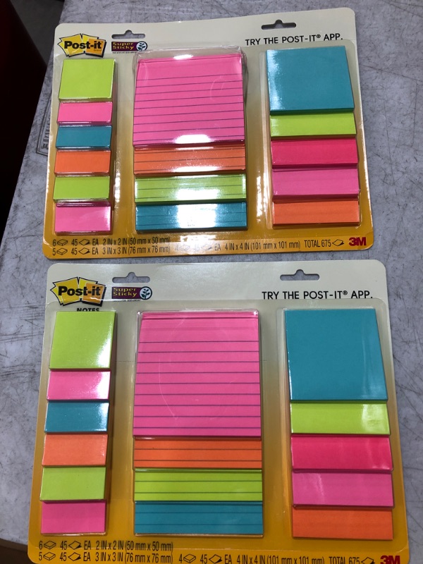 Photo 2 of 2 PACK! Post-it Super Sticky Notes, Assorted Sizes, 15 Pads, 2x the Sticking Power, Miami Collection, Neon Colors (Orange, Pink, Blue, Green), Recyclable (4423-15SSMIA)
