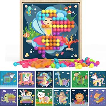 Photo 1 of Button Art Toy for Toddlers: Wooden Color Matching Mosaic Pegboard with 12 Pictures 91 Buttons and 6 Gears - Theefun Early Learning Educational Toys for Boys and Girls
