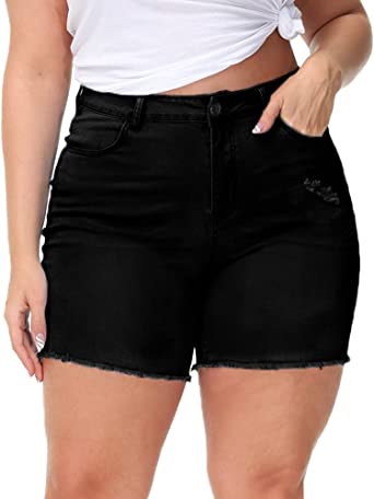 Photo 1 of Gboomo Womens Plus Size Denim Shorts High Waisted Stretchy Raw Hem Jean Shorts with Pockets, Black 22W