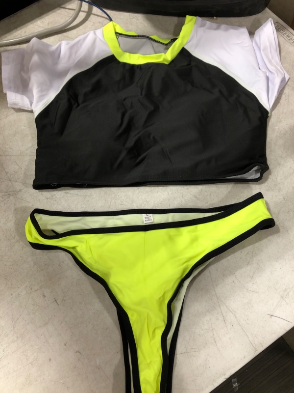 Photo 2 of ANASABI Women's Short Sleeve Swimsuit High Waisted Bikini Neon Bathing Suits Thong Triangle Swimwear Rashguard, Large