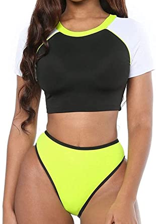 Photo 1 of ANASABI Women's Short Sleeve Swimsuit High Waisted Bikini Neon Bathing Suits Thong Triangle Swimwear Rashguard, Large