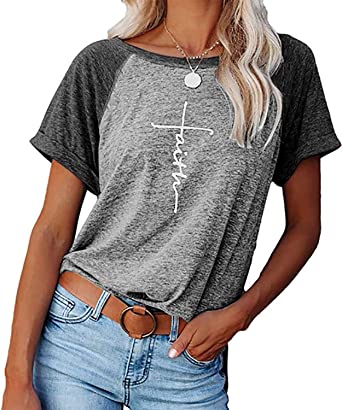 Photo 1 of Women's Cross Faith T Shirt Summer Crewneck Short Sleeve Printed Color Block Tunic Top, Large