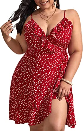 Photo 1 of SOLY HUX Women's Plus Size Printed V Neck Ruffle Trim Wrap Tie Side Cami Dress, XL