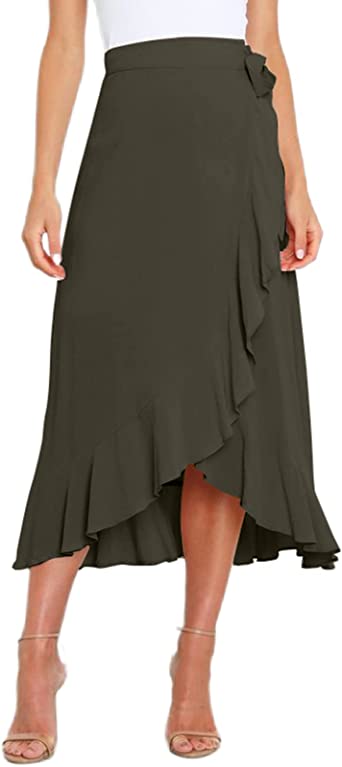 Photo 1 of Jollycode Women's Ruffle Midi Skirts High Waisted Tie Waist Summer Flowy A-Line Split Wrap Skirt, Medium 