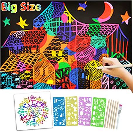 Photo 1 of 2  PACK !!! pigipigi Big Sheets 8''x 11'' Scratch Paper Art Craft for Kids - Black Rainbow Magic Scratch Off Paper Kit Drawing Pad Set for Teen Girls Boys Party Activity Game Birthday Christmas Easter Toy Gifts
