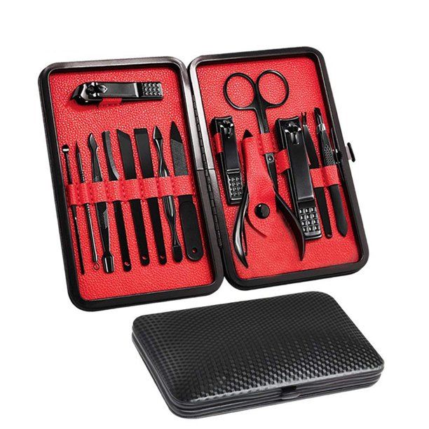 Photo 1 of Manicure Set 15 In 1 Stainless Steel Professional Pedicure Kit Nail Clippers Scissors Grooming Kit with Black Leather Travel Case