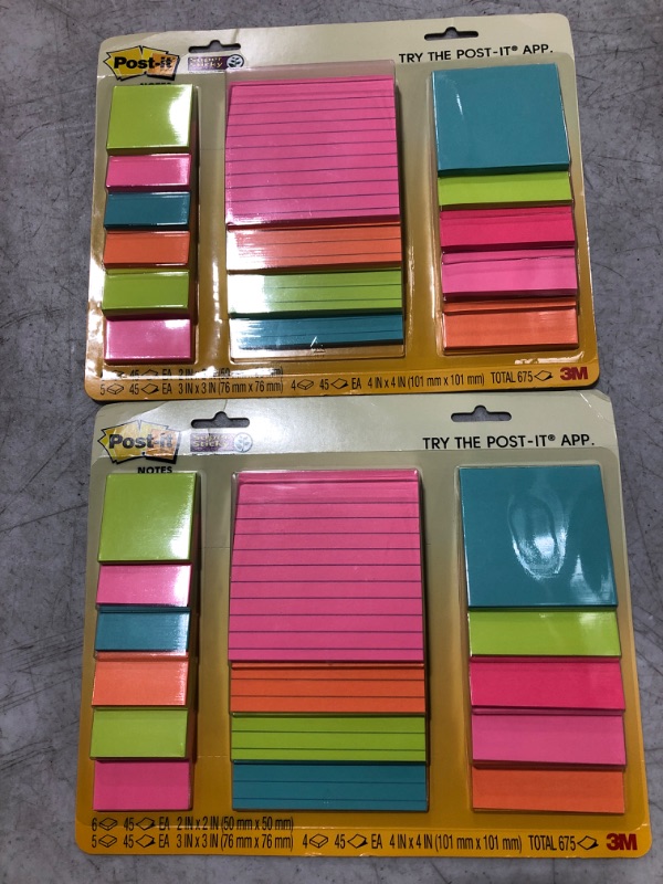 Photo 2 of Post-it Super Sticky Notes, Assorted Sizes, 15 Pads, 2x the Sticking Power, Miami Collection, Neon Colors (Orange, Pink, Blue, Green), Recyclable (4423-15SSMIA), 2 PACK!!!