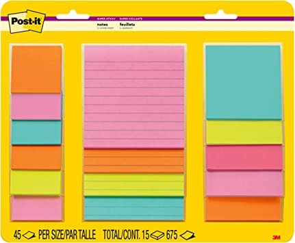 Photo 1 of Post-it Super Sticky Notes, Assorted Sizes, 15 Pads, 2x the Sticking Power, Miami Collection, Neon Colors (Orange, Pink, Blue, Green), Recyclable (4423-15SSMIA), 2 PACK!!!