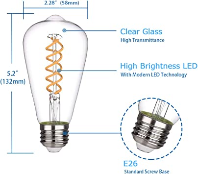 Photo 1 of 4PCS iSoptox Dimmable Vintage LED Edison Bulbs, 6W, 60 Watt Equivalent, Warm White 2700K, Antique Flexible Spiral LED Filament Light Bulb, ST58 (ST19), 600 Lumens, E26 Base, Clear Glass