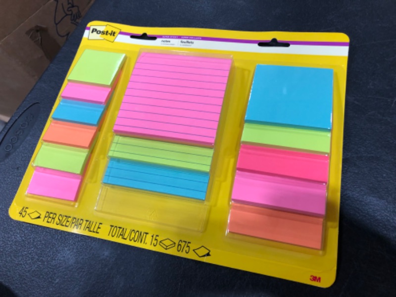 Photo 2 of Post-it Super Sticky Notes, Assorted Sizes, 15 Pads, 2x the Sticking Power, Miami Collection, Neon Colors (Orange, Pink, Blue, Green)