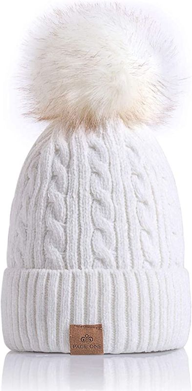 Photo 1 of PAGE ONE Girl's Winter Pom Pom Beanie Hats Warm Fleece Lined,Chunky Trendy Cute Chenille Knit Twist Cap
