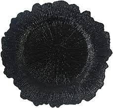 Photo 1 of Black Plastic Reef Charger Plates - 12 pcs 13 Inch Round Floral Sponge Charger Plates Wedding Party Decoration (Black, 12)
