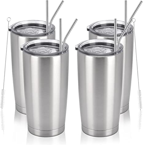 Photo 1 of 4 Pack Travel Tumblers, 20 Oz Stainless Steel Tumblers with Lids Straws, Double Wall Vacuum Insulated Travel Tumblers, Powder Coated Insulated Coffee Cup for Hot and Cold Drinks, Silver
