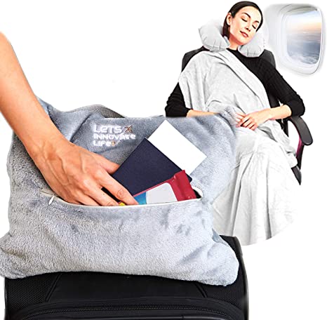 Photo 1 of 4 in 1 Travel Blanket - Lightweight, Warm and Portable. The Latest Small Compact Airplane Blankets & Pillow Set. Made of Warm Plush, 2 Practical Mesh Pockets with Fashionable Carry & Luggage Straps, Grey 
